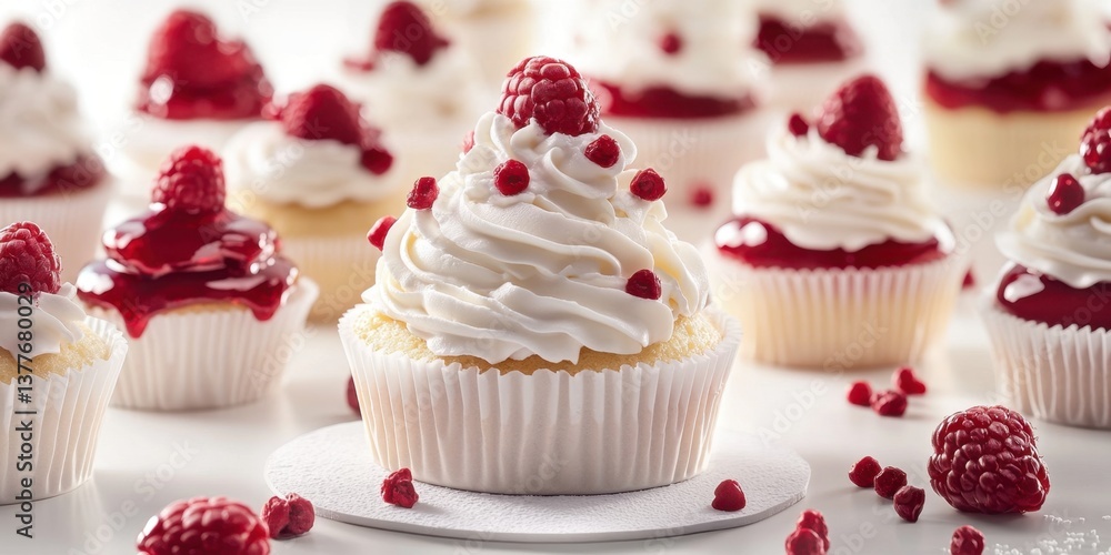 Vibrant photo of raspberry cupcakes with white frosting, sprinkled with fresh raspberries. Perfect for dessert. Vibrant photo of raspberry cupcakes with white frosting, sprinkled with fresh raspberries. Perfect for dessert.