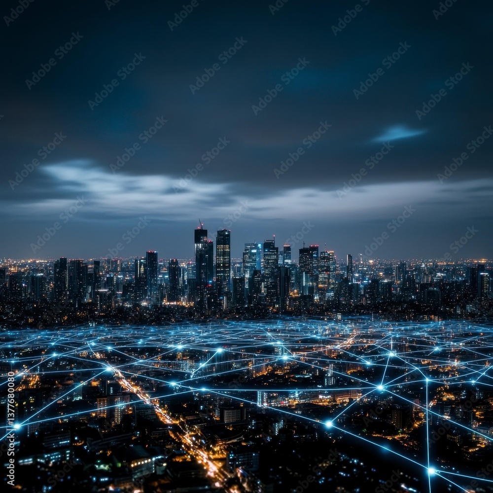 Fototapeta premium Night cityscape with illuminated buildings and connecting lines, showcasing a futuristic urban scene under a cloudy sky.