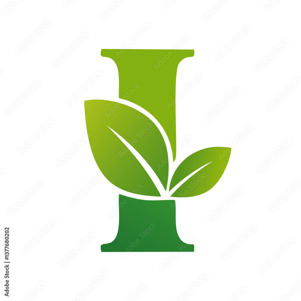 green Letter vector I with leaves eco icon logo design