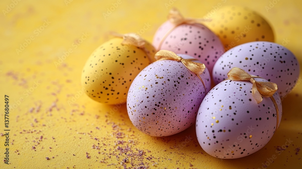 Colorful speckled easter eggs with bows on yellow background Colorful speckled easter eggs with bows on yellow background