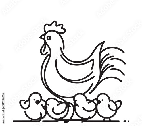 Chicken with chickens doodles sketch