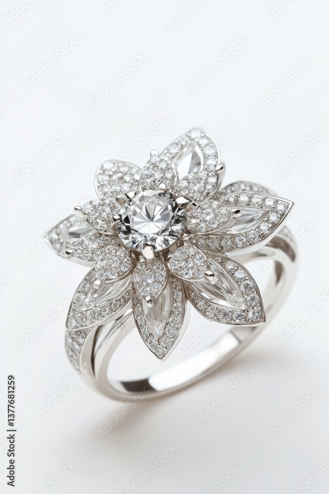Elegant diamond ring set on a silver band, featuring a unique flower design. Elegant diamond ring set on a silver band, featuring a unique flower design.