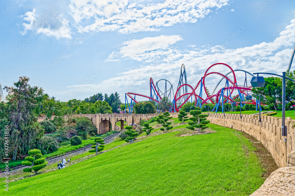 Beautiful landscape of humid tropical jungle amusement park.