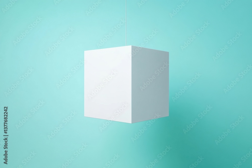Clean white cube suspended against a bright turquoise background showcasing modern minimalism Clean white cube suspended against a bright turquoise background showcasing modern minimalism