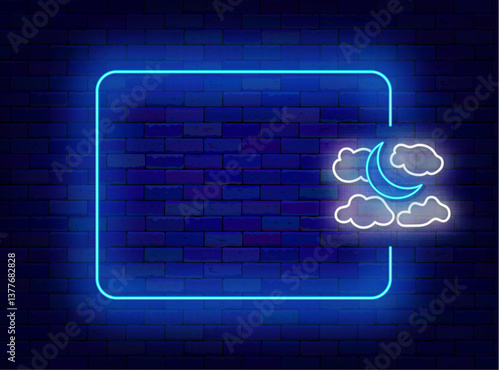 Late night sale neon flyer. Night club party. Empty white frame. Crescent moon and clouds. Vector stock illustration