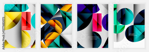 Geometric abstract posters with bold shapes, diagonal cuts, and vibrant color contrasts using yellow, red, teal, black, and white for a striking modern composition