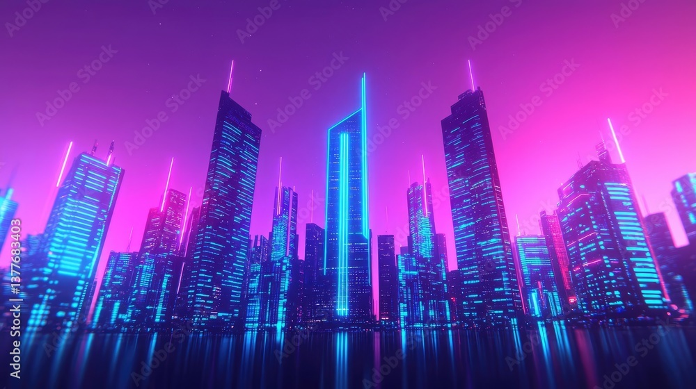 Fototapeta premium Motion blur city with digital panorama and futuristic technology concept. A futuristic city skyline with glowing neon lights at dusk.