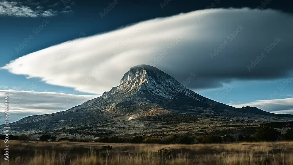 Majestic mountain with a unique cloud formation, surrounded by a vast landscape at sunset Majestic mountain with a unique cloud formation, surrounded by a vast landscape at sunset