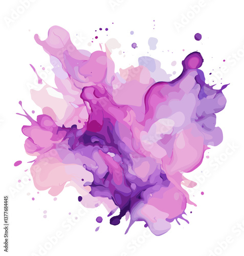A splash of purple paint on a white background. The violet, lilac paint is splattered and he is in motion, creating a sense of energy and movement. Scene is vibrant and dynamic