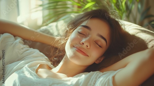 Young caucasian female relaxing on sofa with eyes closed