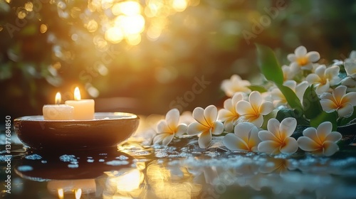 Tranquil sunset scene with candles and frangipani flowers reflecting on water