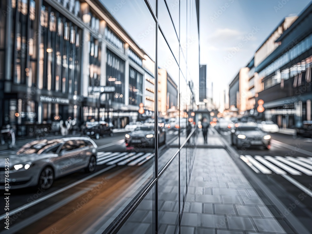 Fototapeta premium Busy city street reflected in modern glass facade