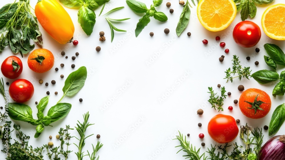Fresh culinary ingredients arrangement on white background with tomato orange basil pepper and herbs Fresh culinary ingredients arrangement on white background with tomato orange basil pepper and herbs