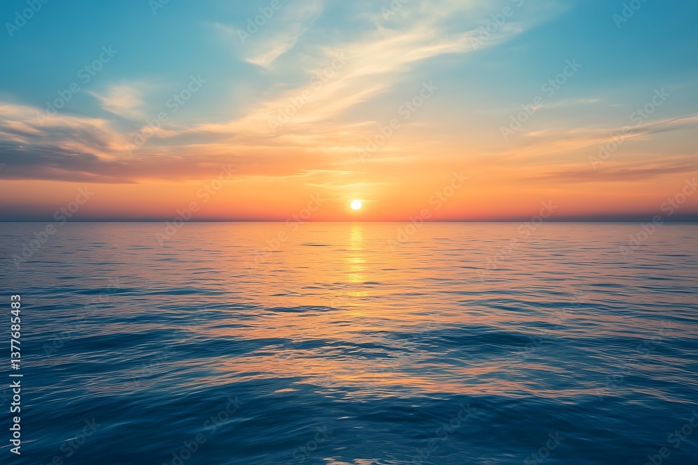 Ocean Sunset with Vibrant Skyline and Sun Reflection on Waves, Blue and Gold Ocean Sunset with Vibrant Skyline and Sun Reflection on Waves, Blue and Gold