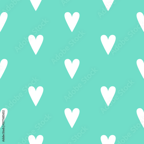 Seamless White Hearts Pattern on Turquoise Background