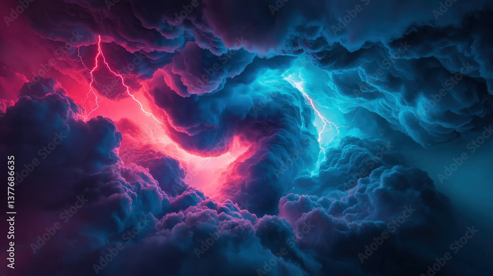 Obraz premium Vibrant storm clouds with dynamic lightning in shades of blue and pink.
