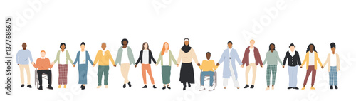 Different people standing and holding hands together.