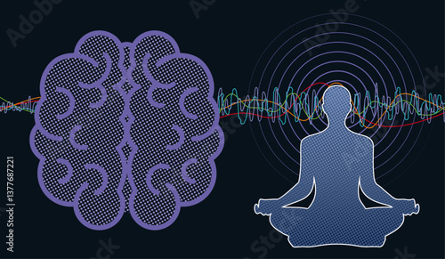 Brainwave meditation. Vector halftone collage of neural activity and mindfulness.