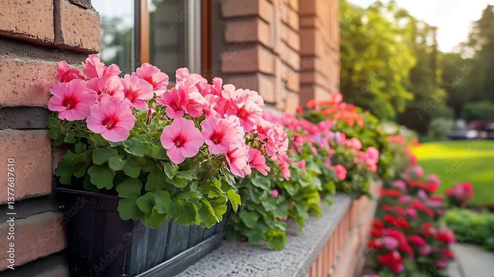 Fototapeta premium Pink Petunia Flowers in a Black Pot on Brick Wall With Sunlight and Greenery Background