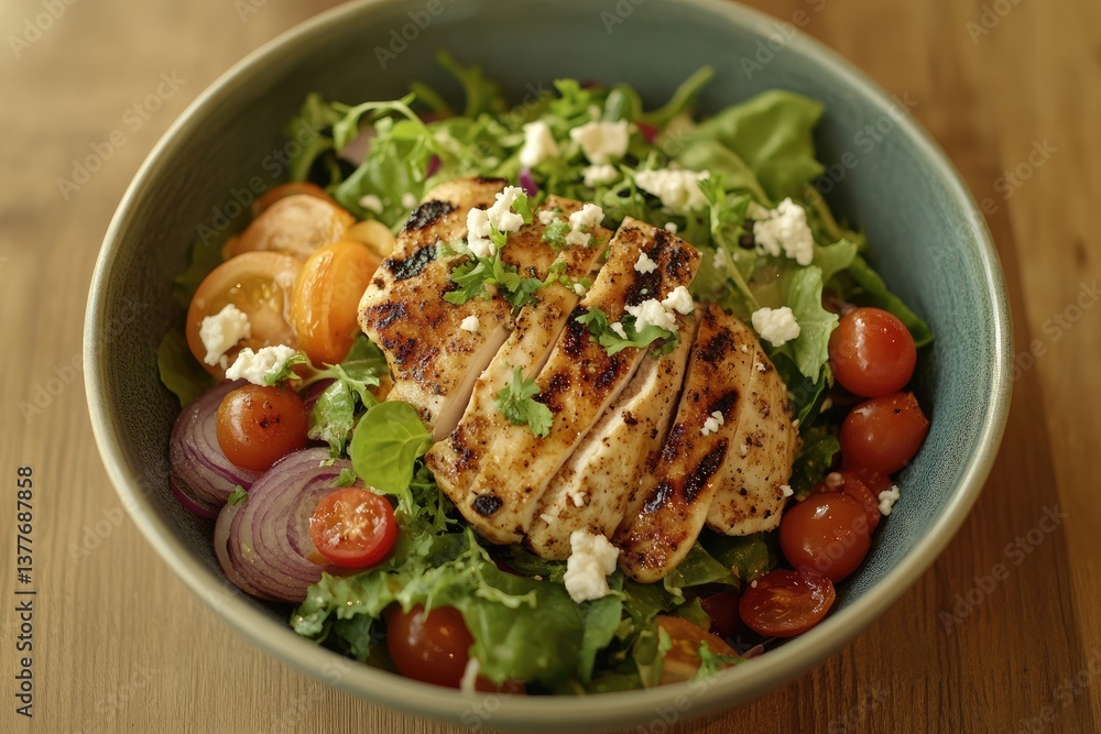 Grilled chicken salad bowl with fresh greens, tomatoes, onions, and feta cheese Grilled chicken salad bowl with fresh greens, tomatoes, onions, and feta cheese