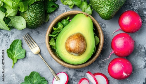 Fresh avocado, greens, and radishes, ready for a healthy salad.  A halved avocado sits in a small bowl surrounded by fresh, vibrant greens like spinach and lettuce.  Sliced radishes add a pop 