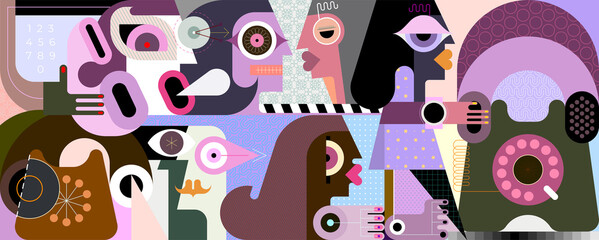Papier peint photo Art abstrait Personnages téléphones rétro style vintage  ©  danjazzia