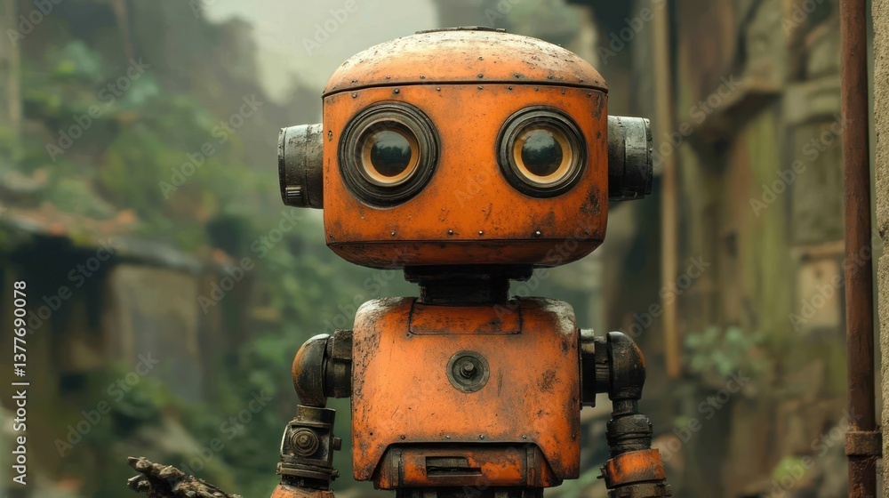 Rusty orange robot, curious gaze, amidst weathered buildings Rusty orange robot, curious gaze, amidst weathered buildings