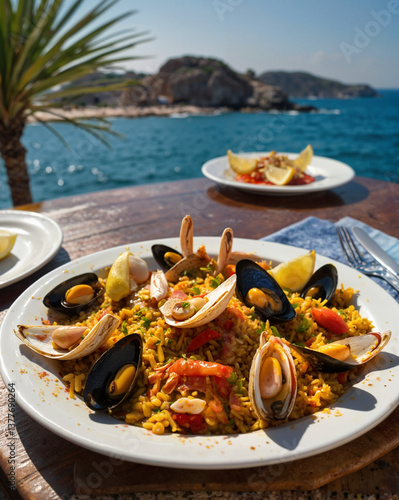 Delicious seafood paella served with a scenic ocean view  