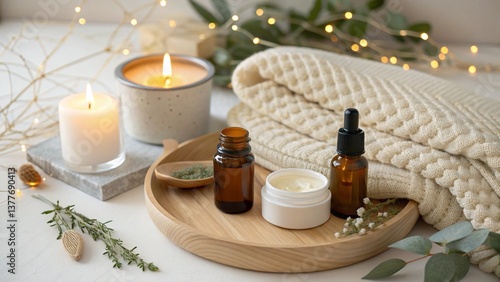 Makeup powder and brush with spa and beauty essentials in a relaxing setting