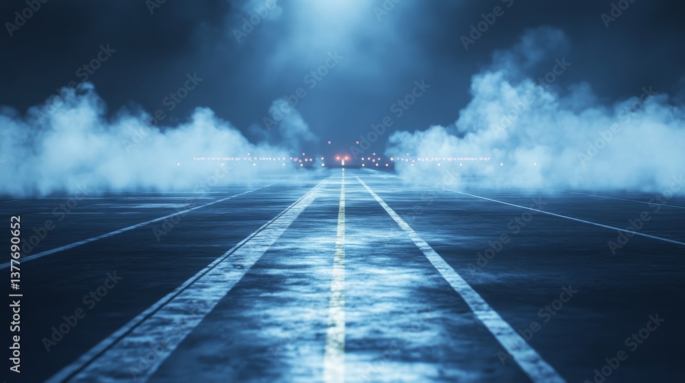 Foggy night airport runway with bright lights and mystical atmosphere
