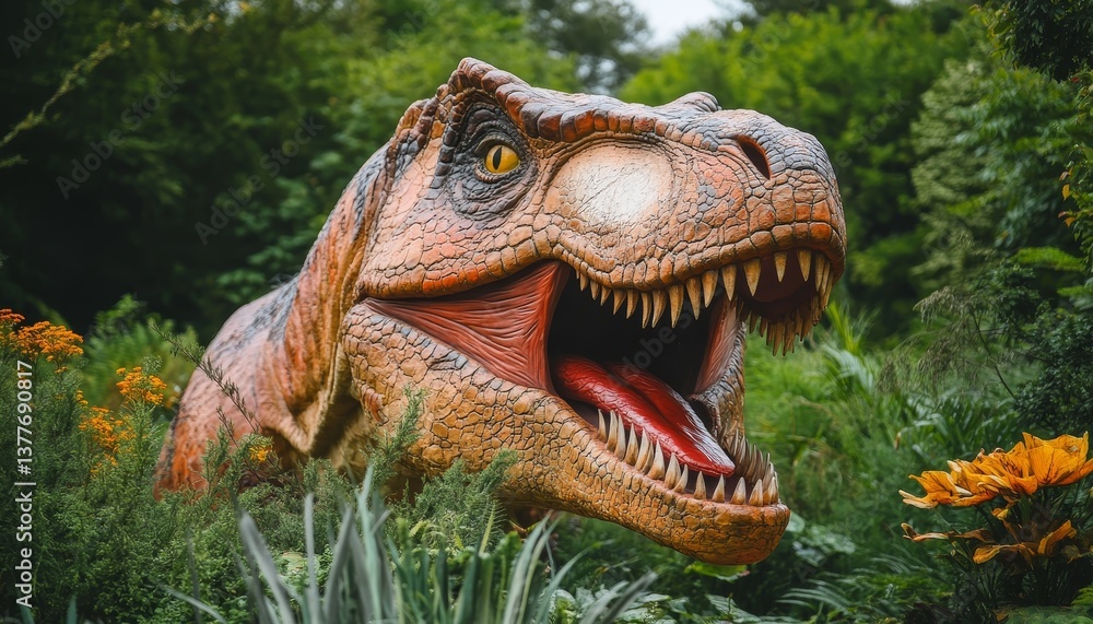 Obraz premium Ferocious Tyrannosaurus Rex Dinosaur with Mouth Open in a Lush Prehistoric Jungle Environment