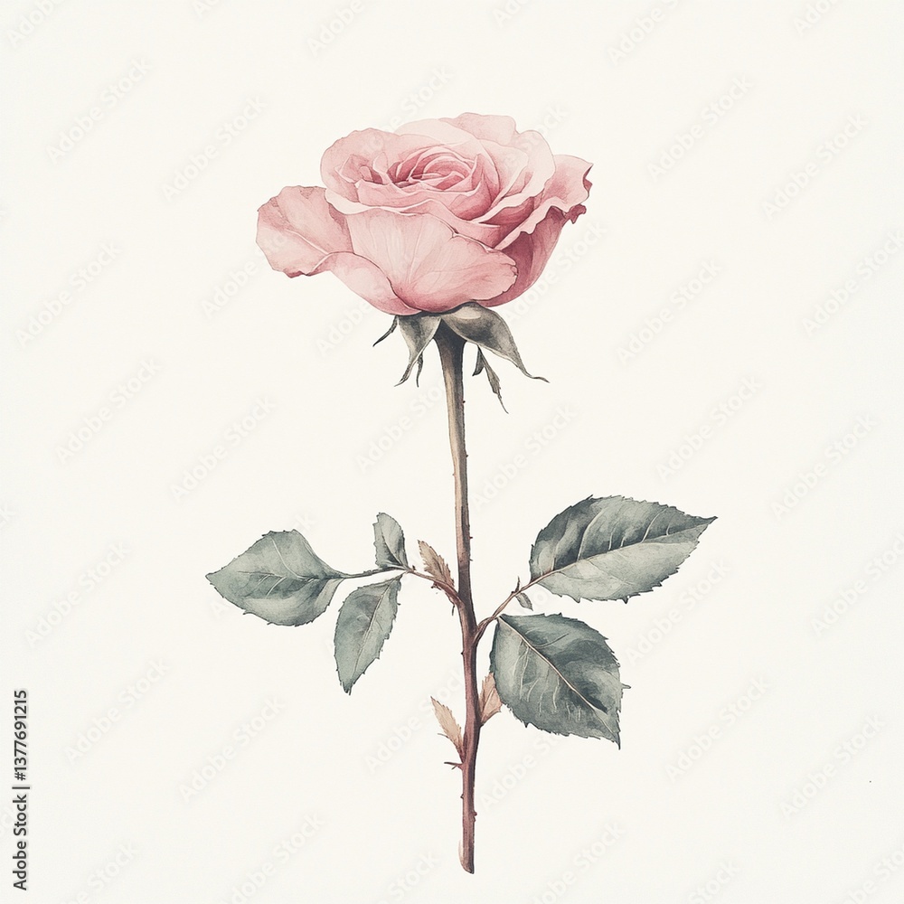 Fototapeta premium Clean vector drawing of a light pink rose with green leaves