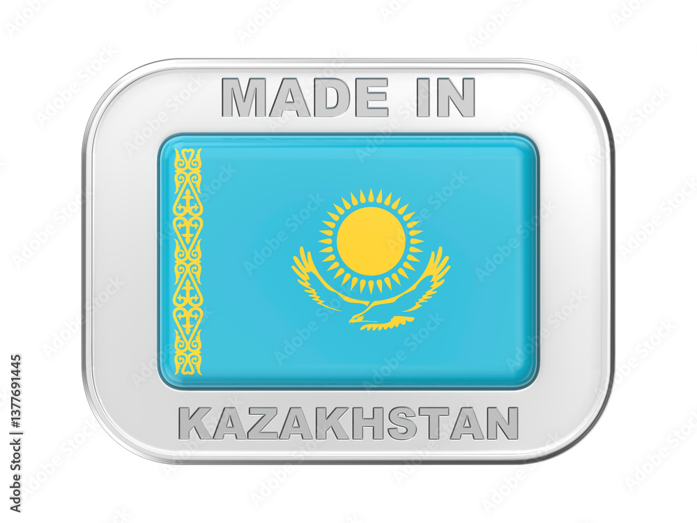 Made in Kazakhstan, silver badge with the national flag of Kazakhstan Made in Kazakhstan, silver badge with the national flag of Kazakhstan
