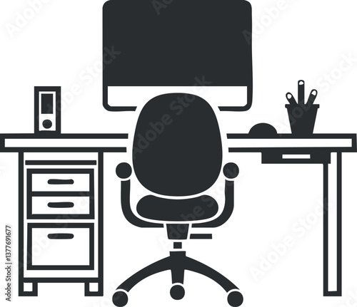 Vector illustration of an organized office workspace featuring a desk, chair, and computer.