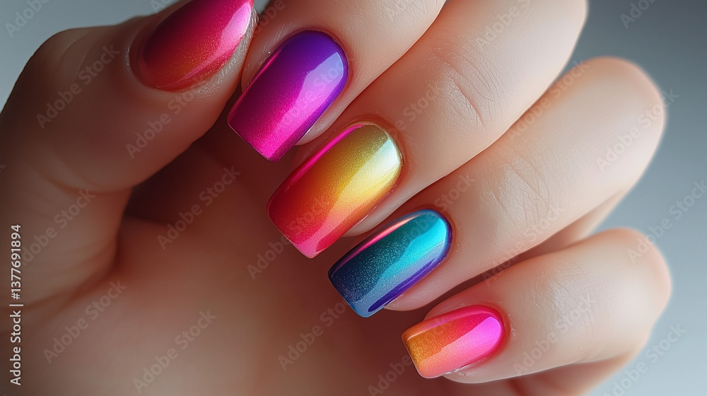 A vibrant manicure featuring ombre nails with metallic accents, white background A vibrant manicure featuring ombre nails with metallic accents, white background