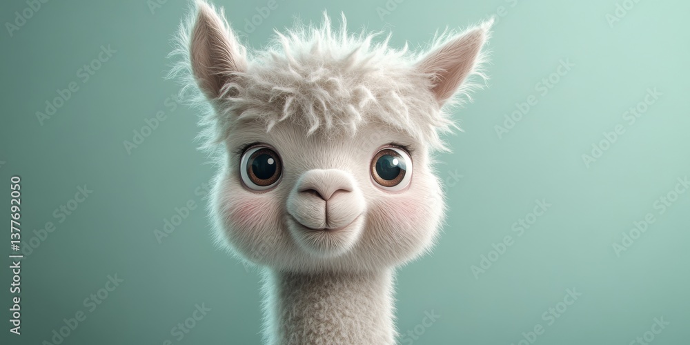 Fototapeta premium Adorable alpaca smiling on a green background