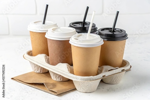 Five take-out coffee in holder on a white background 