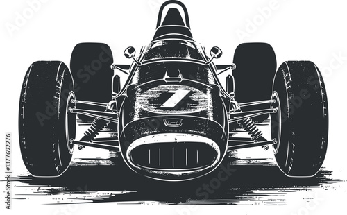 Monochrome illustration of a vintage racecar from a front view, highlighting its classic design.