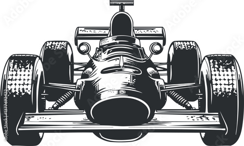 Black and white illustration of a vintage racecar showcasing detailed design and classic appeal.