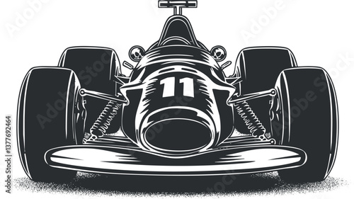 Vintage racecar illustration in black and white, displaying front view with number 11.