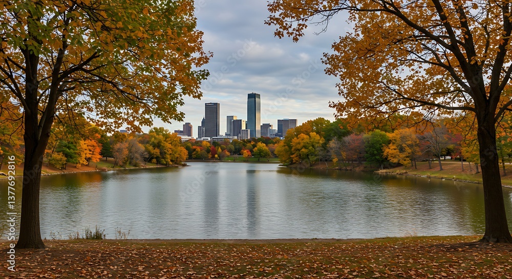 Obraz premium Autumn Skyline Reflection Golden Leaves Cityscape View Urban Park Fall Serenity Cityscape Through Autumn Trees Lake And Cityscape In Autumn Tranquil City Autumn Escape AI Generated