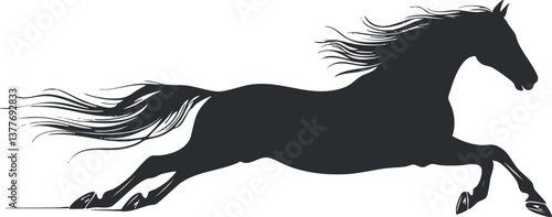 Silhouette of a galloping horse with flowing mane and tail, showcasing speed and grace.