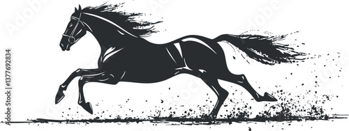 Dynamic black and white silhouette of a galloping horse, capturing power and elegance.