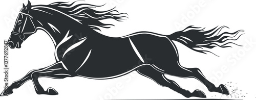 Black and white silhouette of a galloping horse with flowing mane and tail.