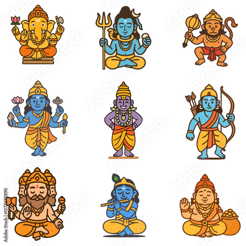 Hindu Gods Vector Illustration Set, Set of 9 Hindu Gods, Ganesha, Shiva, Hanumana, Vishnu, Vitthal, Rama, Bramha, Krishna, Kubera, Shankar, Elegant Clipart , icon set, hinduism, Indian Gods, Diwali