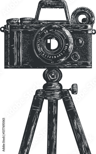 Illustration of a vintage camera on a tripod, showcasing intricate black and white details.