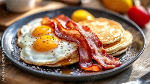 Delicious homemade breakfast with crispy bacon eggs and pancakes