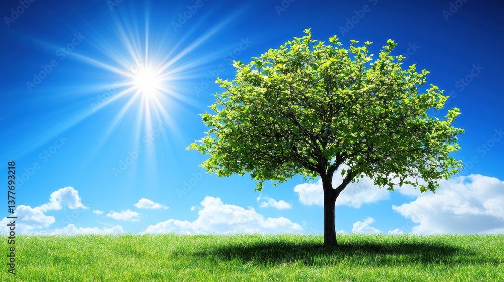 Fototapeta premium Single Tree in Lush Green Field under Bright Sunny Sky