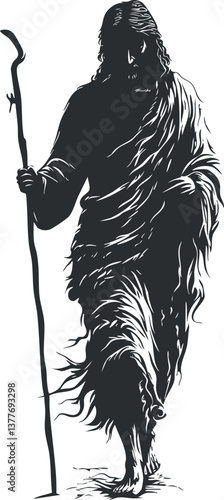 Silhouette of a shepherd holding a staff, depicted in a traditional and mysterious style.
