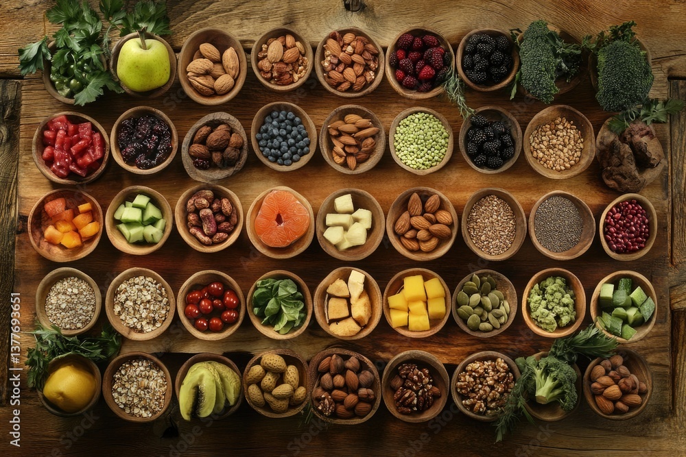 Variety of healthy foods in small bowls Variety of healthy foods in small bowls